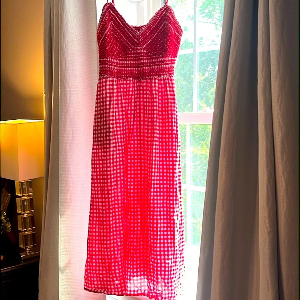 Fit & Flare Gingham Embroidered Smocked Midi Cami Dress old navy